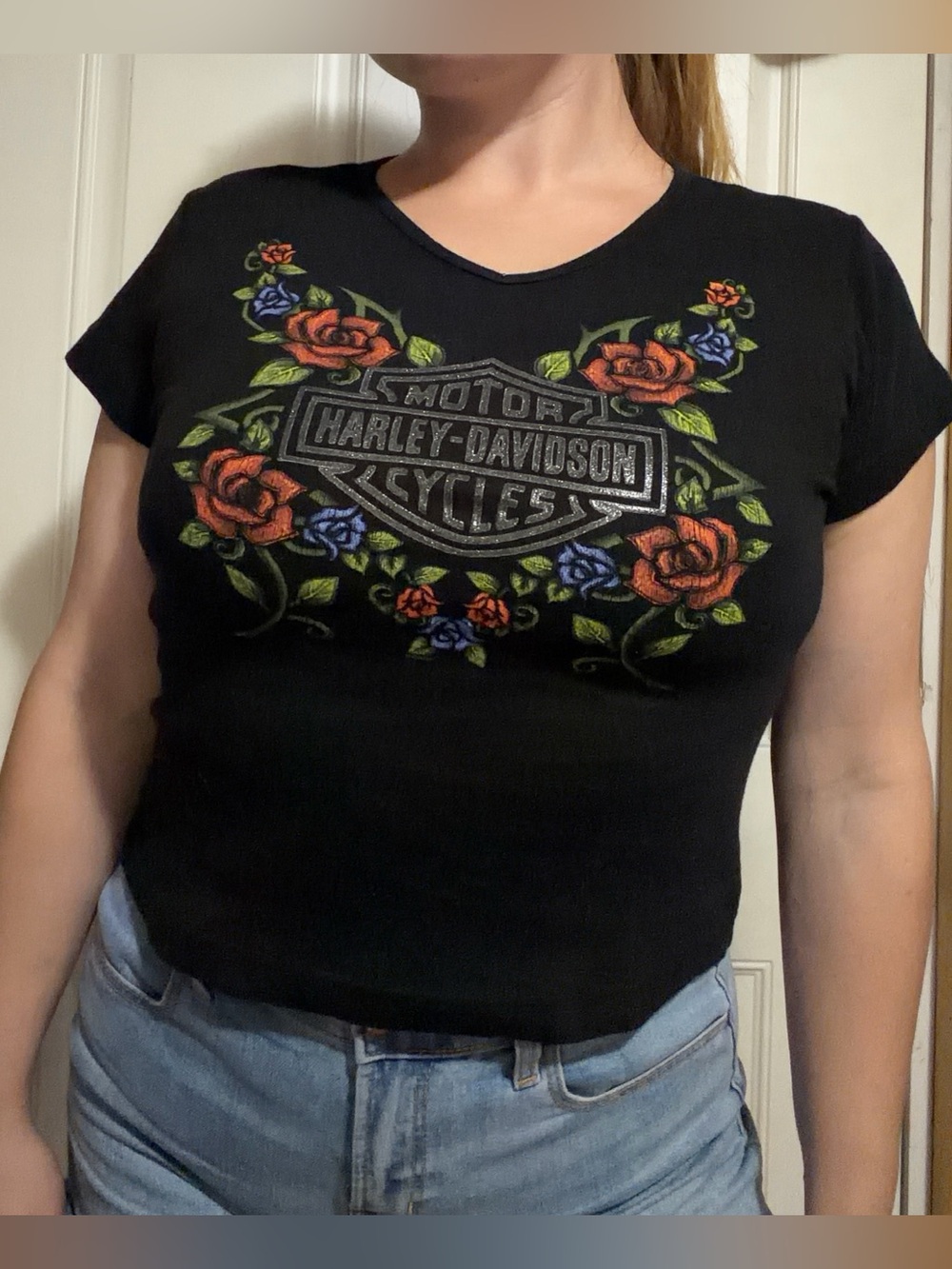 Y2K Harley Davidson Double Graphic Short Sleeve Red and Blue Roses Santa Fe